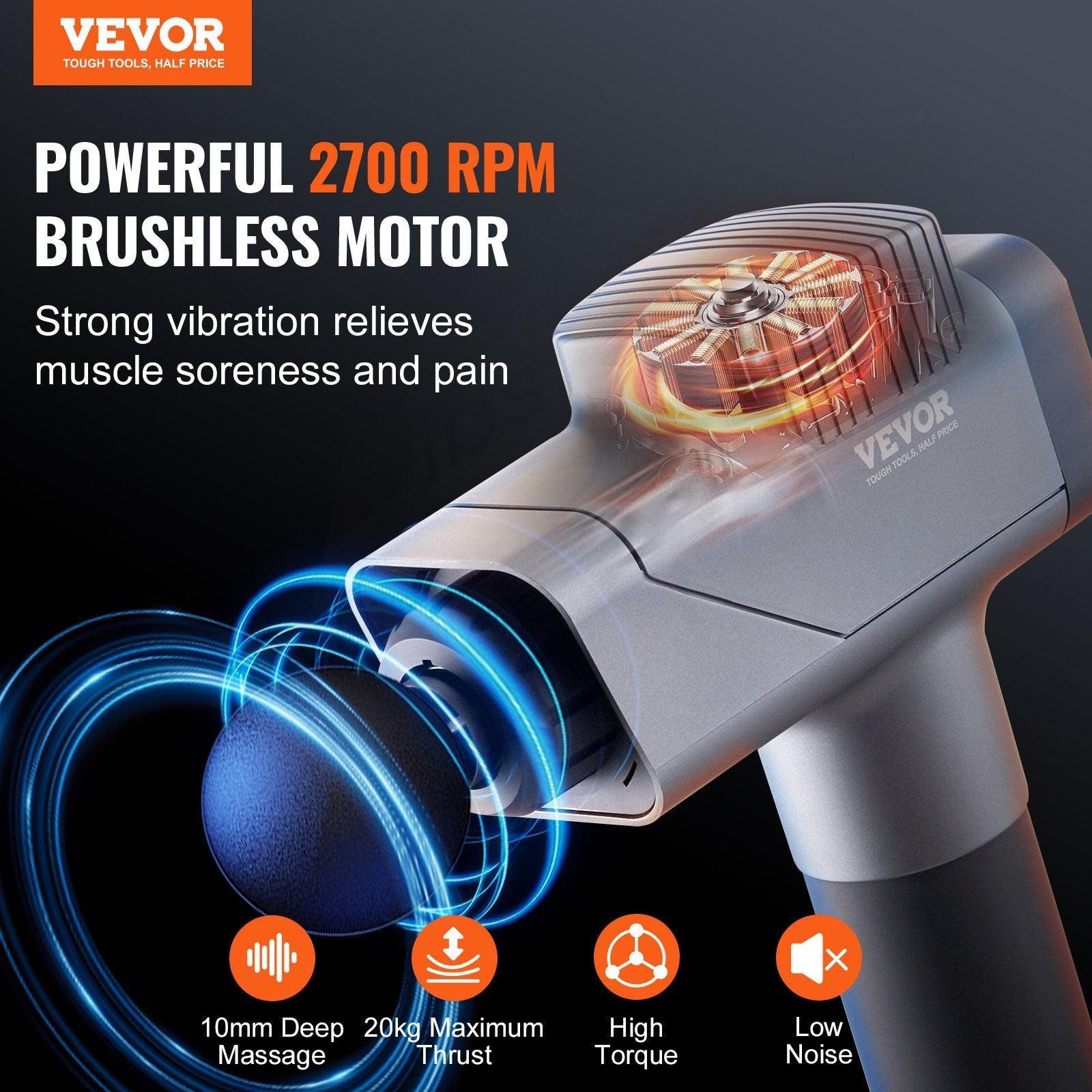 VEVOR Deep Tissue Percussion Massage Gun - 8 Speeds & 6 Heads for Athletes, Portable Handheld Massager for Pain Relief & Muscle Recovery - Renee Lane Company