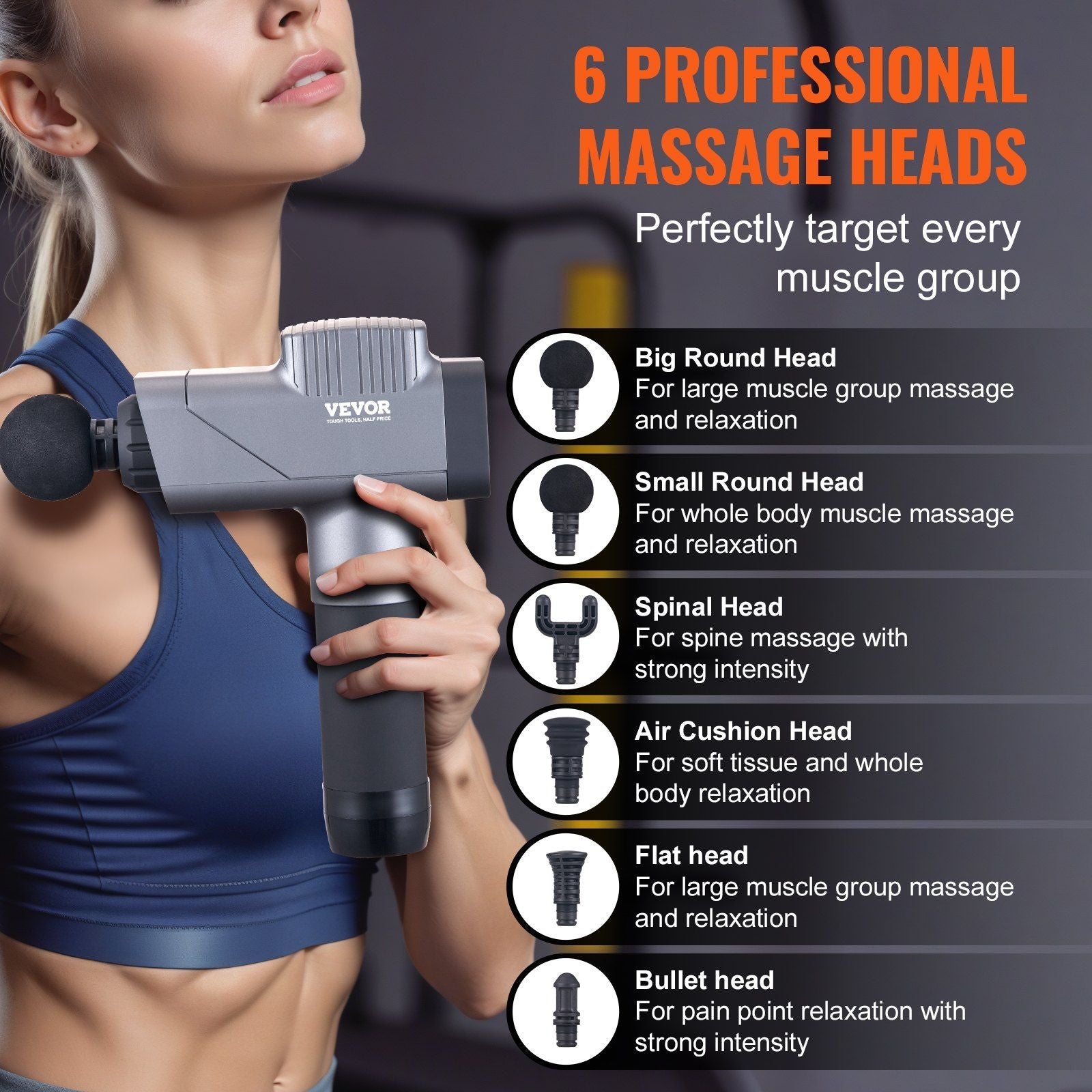 VEVOR Deep Tissue Percussion Massage Gun - 8 Speeds & 6 Heads for Athletes, Portable Handheld Massager for Pain Relief & Muscle Recovery - Renee Lane Company
