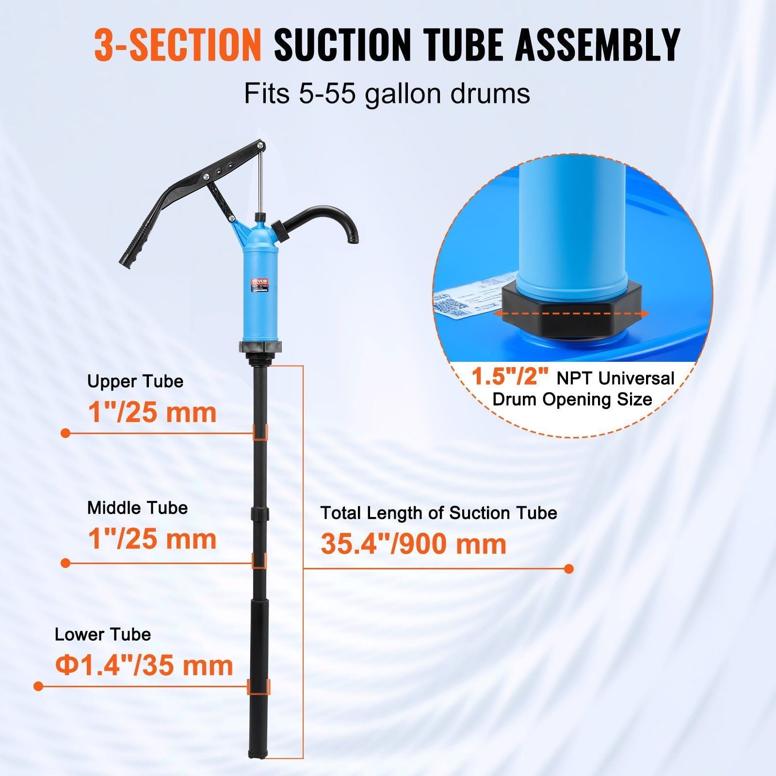 VEVOR Drum Pump, 9.5 oz. Per Stroke, Lever-Action Barrel Pump, Fits 5-55 Gallon Drums with 3-Section Suction Tube Assembly & Hose, Hand Operated, Designed to Transfer Water, Alcohol, Corrosive Liquids - Renee Lane Company