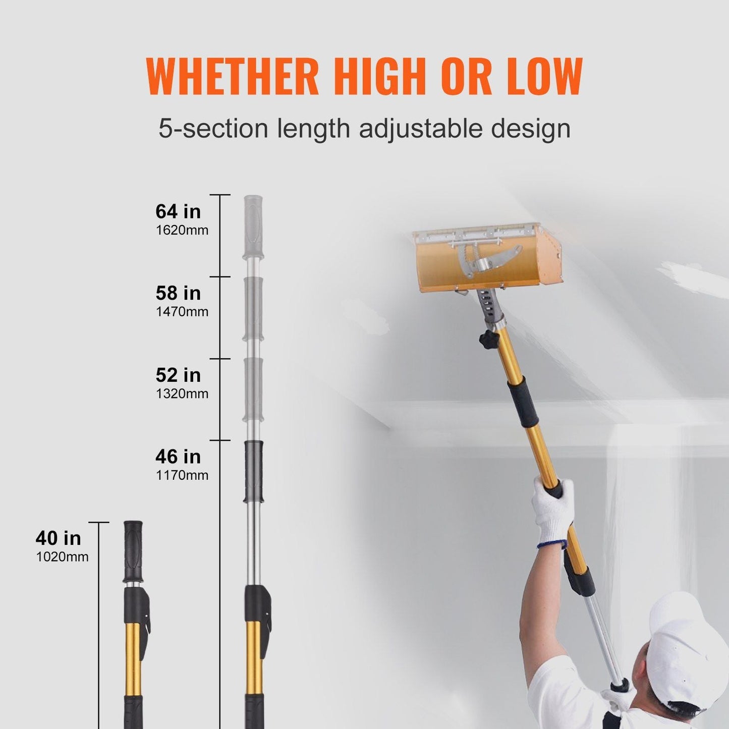 VEVOR Drywall Flat Box Handle; 40''-64''; Anodized Aluminum Flat Finishing Extension Handle; 5-Section Length Adjustable; Non-slip Grip and 360° Painting for Plasterboard; Wallboard; Sheetrock - Renee Lane Company