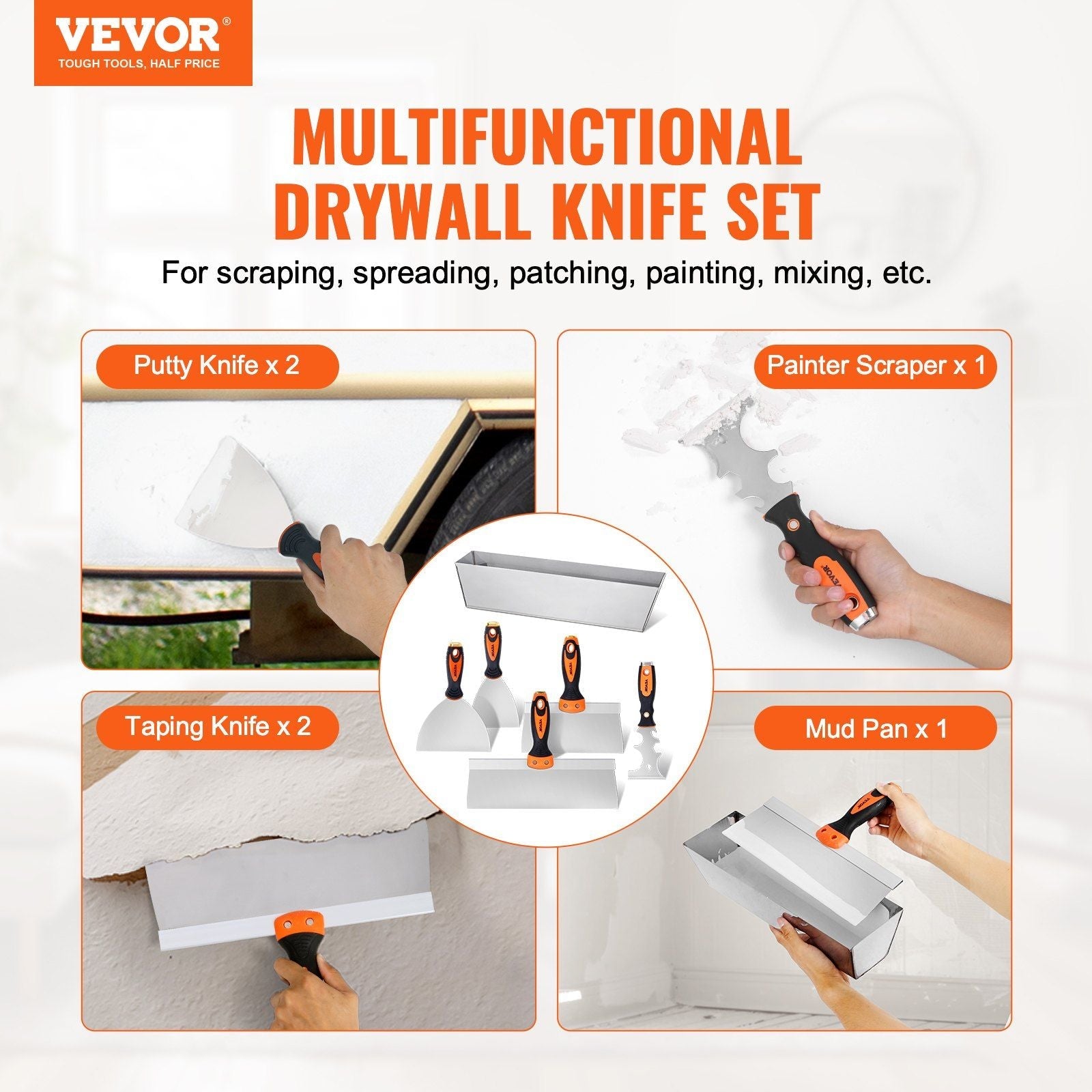VEVOR Drywall Knife Set, 6 PCS Drywall Tools Includes 3" Painter Scraper, Two Putty Knives, Two Taping Knives and 12" Mud Pan, Stainless Steel Spackle Tool, Drywall Finishing Tools for Home - Renee Lane Company