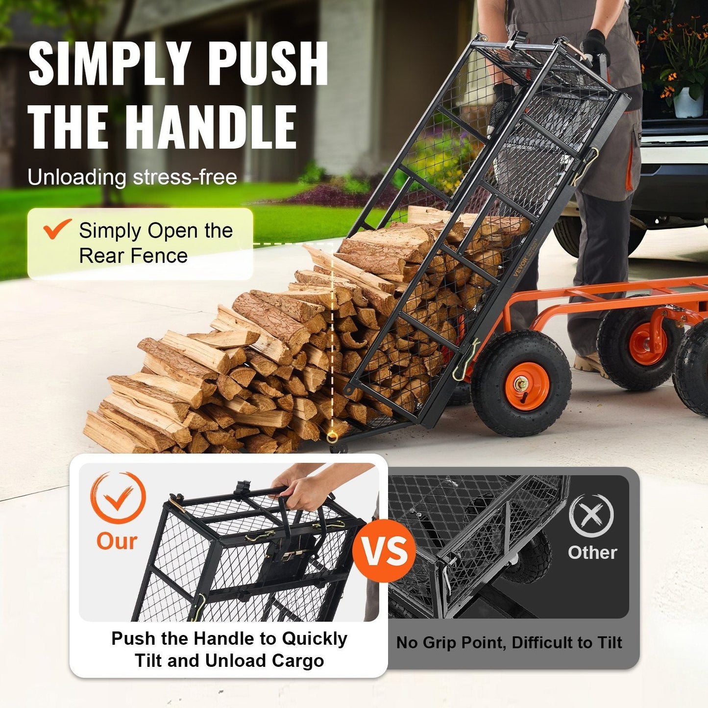 VEVOR Dump Cart, Metal Garden Dump Cart with Easy to Assemble Frame, Dump Wagon with 2-in-1 Convertible Handle, Utility Wheelbarrow 400 lbs Capacity, 10 inch Tires - Renee Lane Company