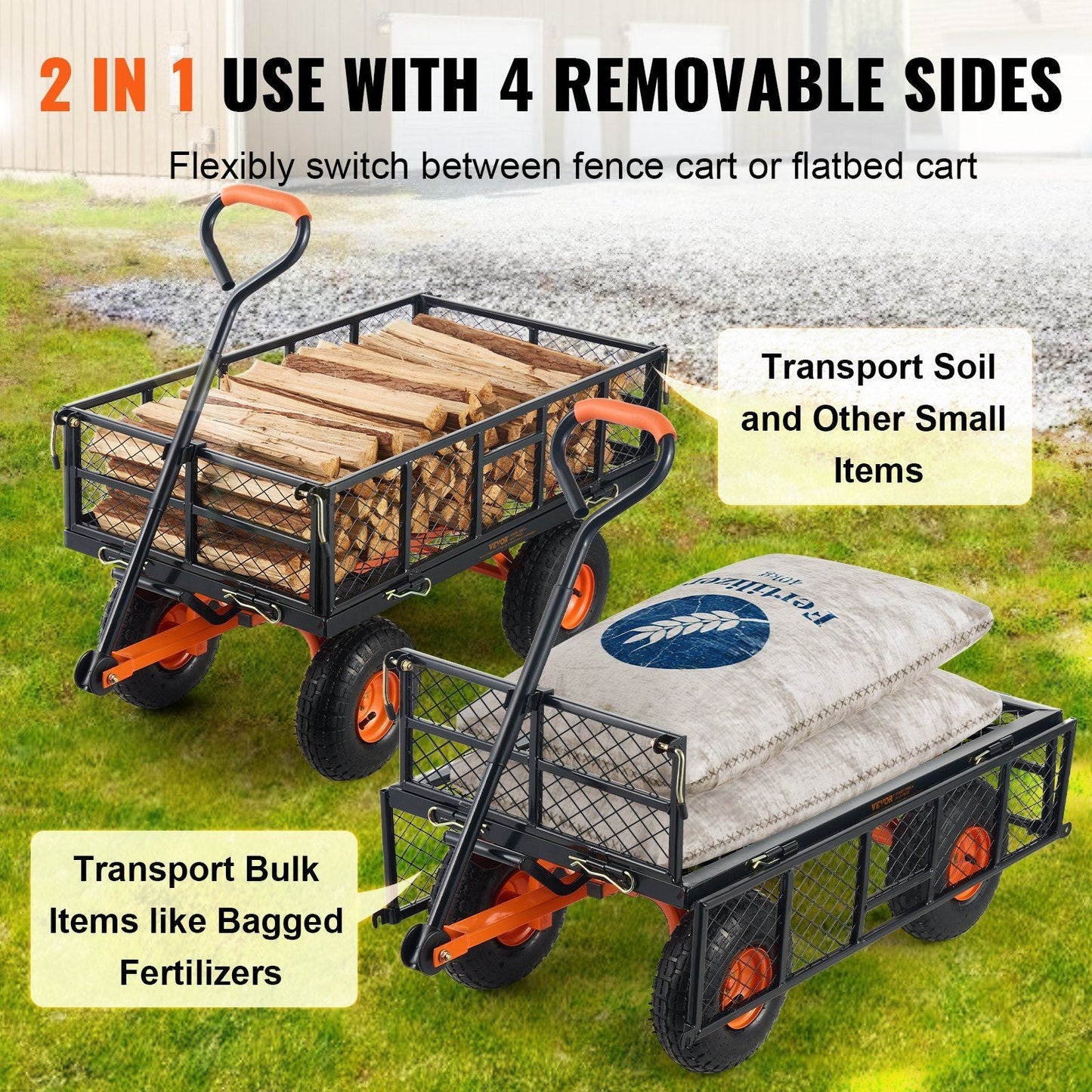 VEVOR Dump Cart, Metal Garden Dump Cart with Easy to Assemble Frame, Dump Wagon with 2-in-1 Convertible Handle, Utility Wheelbarrow 400 lbs Capacity, 10 inch Tires - Renee Lane Company
