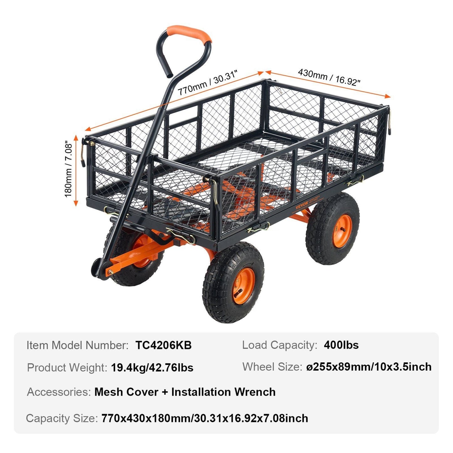 VEVOR Dump Cart, Metal Garden Dump Cart with Easy to Assemble Frame, Dump Wagon with 2-in-1 Convertible Handle, Utility Wheelbarrow 400 lbs Capacity, 10 inch Tires - Renee Lane Company