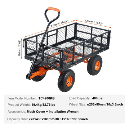 VEVOR Dump Cart, Metal Garden Dump Cart with Easy to Assemble Frame, Dump Wagon with 2-in-1 Convertible Handle, Utility Wheelbarrow 400 lbs Capacity, 10 inch Tires - Renee Lane Company