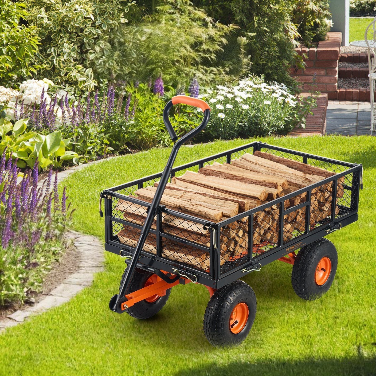 VEVOR Dump Cart, Metal Garden Dump Cart with Easy to Assemble Frame, Dump Wagon with 2-in-1 Convertible Handle, Utility Wheelbarrow 400 lbs Capacity, 10 inch Tires - Renee Lane Company