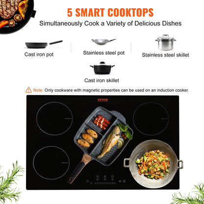 VEVOR Electric Cooktop, 5 Burners, 36'' Induction Stove Top, Built-in Magnetic Cooktop 9200W, 9 Heating Level Multifunctional Burner, LED Touch Screen w/ Child Lock & Over-Temperature Protection - Renee Lane Company