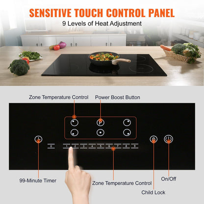 VEVOR Electric Cooktop, 5 Burners, 36'' Induction Stove Top, Built-in Magnetic Cooktop 9200W, 9 Heating Level Multifunctional Burner, LED Touch Screen w/ Child Lock & Over-Temperature Protection - Renee Lane Company