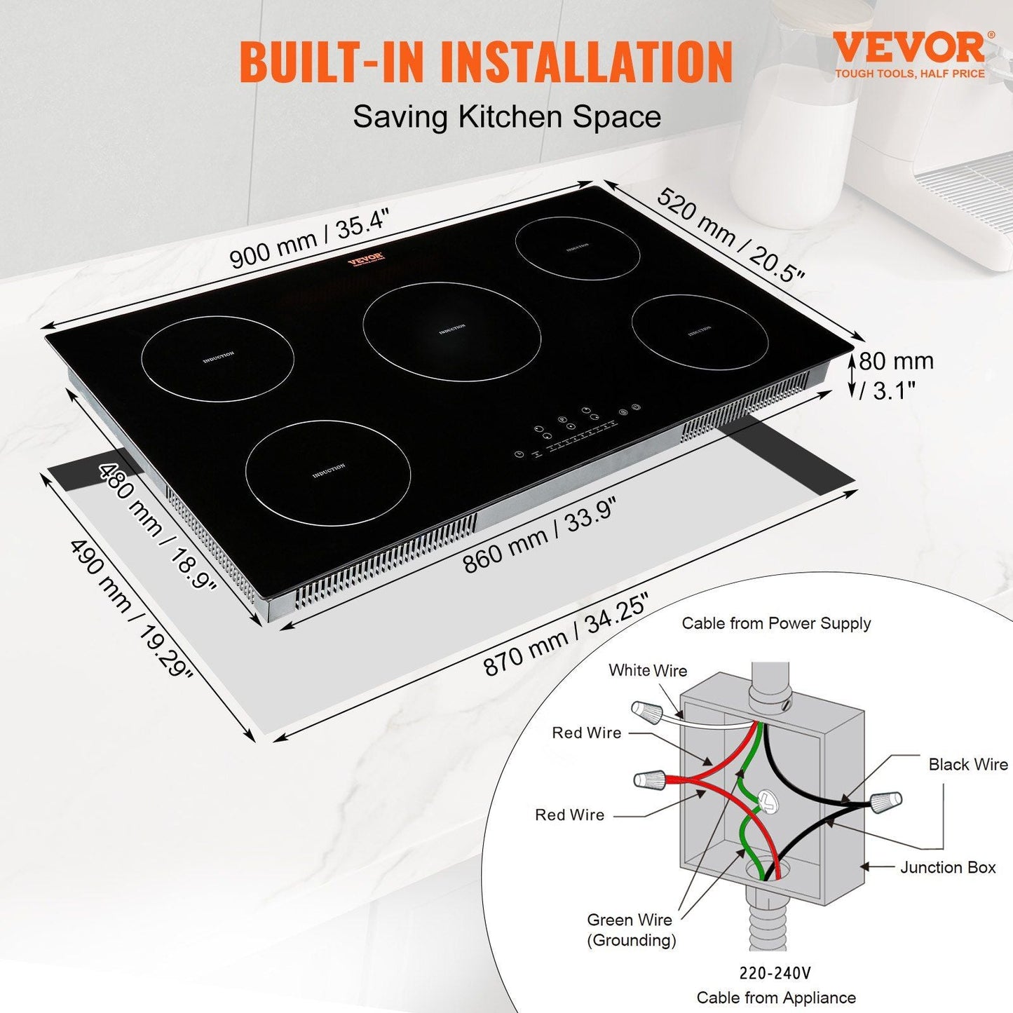 VEVOR Electric Cooktop, 5 Burners, 36'' Induction Stove Top, Built-in Magnetic Cooktop 9200W, 9 Heating Level Multifunctional Burner, LED Touch Screen w/ Child Lock & Over-Temperature Protection - Renee Lane Company