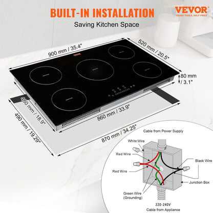 VEVOR Electric Cooktop, 5 Burners, 36'' Induction Stove Top, Built-in Magnetic Cooktop 9200W, 9 Heating Level Multifunctional Burner, LED Touch Screen w/ Child Lock & Over-Temperature Protection - Renee Lane Company