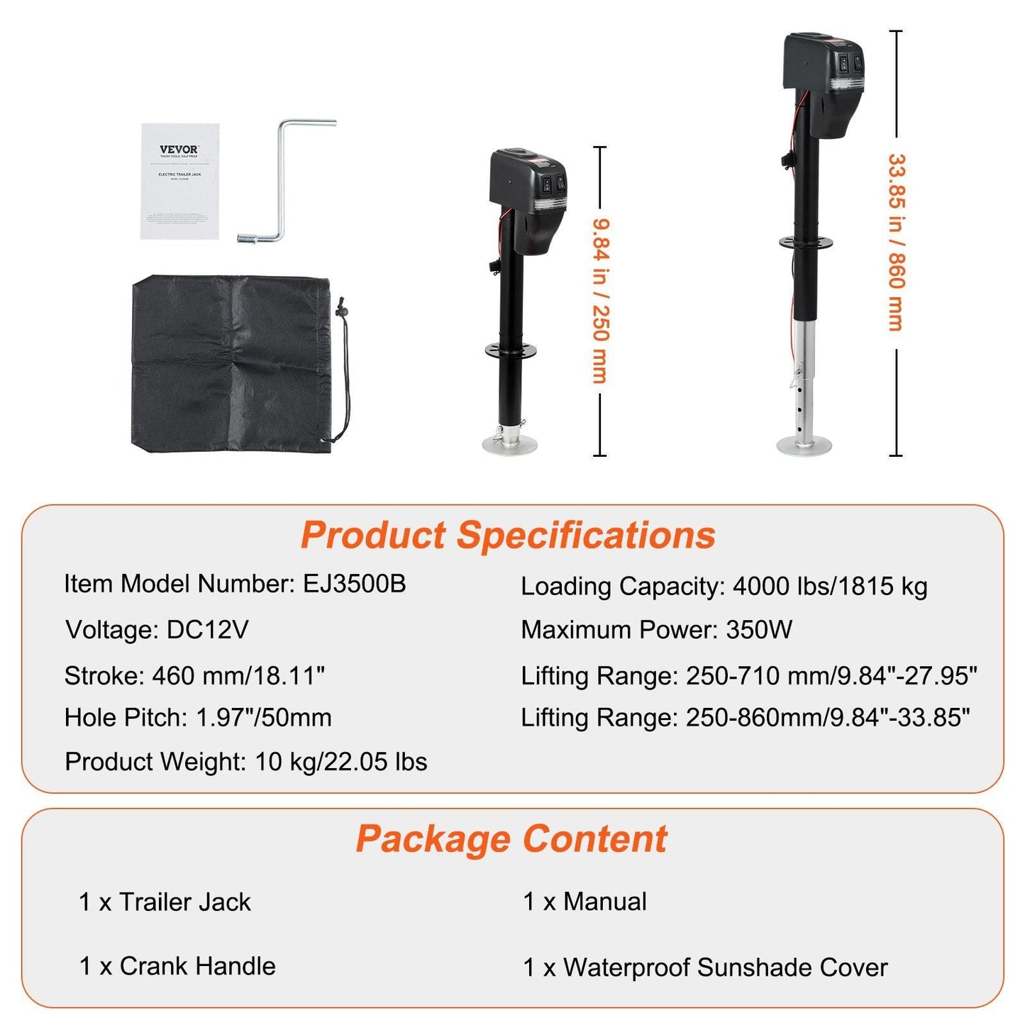 VEVOR Electric Trailer Jack, Power Tongue Jack Weight Capacity 4000 lbs, 9.84"-33.85" Electric Tongue Jack with Waterproof Cover for Lifting RV Trailer, Horse Trailer, Utility Trailer, Yacht Trailer - Renee Lane Company