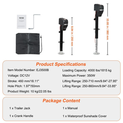 VEVOR Electric Trailer Jack, Power Tongue Jack Weight Capacity 4000 lbs, 9.84"-33.85" Electric Tongue Jack with Waterproof Cover for Lifting RV Trailer, Horse Trailer, Utility Trailer, Yacht Trailer - Renee Lane Company