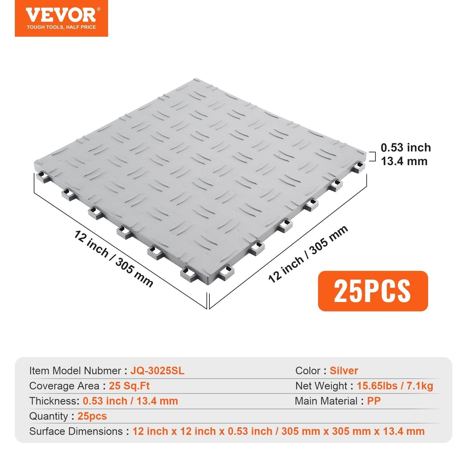 VEVOR Garage Tiles Interlocking, 12 x 12 x 0.53 inch 25 Pack Garage Floor Covering Tiles, Non-Slip Double-Sided Texture Garage Flooring Tiles, for Garages, Basements, Repair Shops, Silver - Renee Lane Company