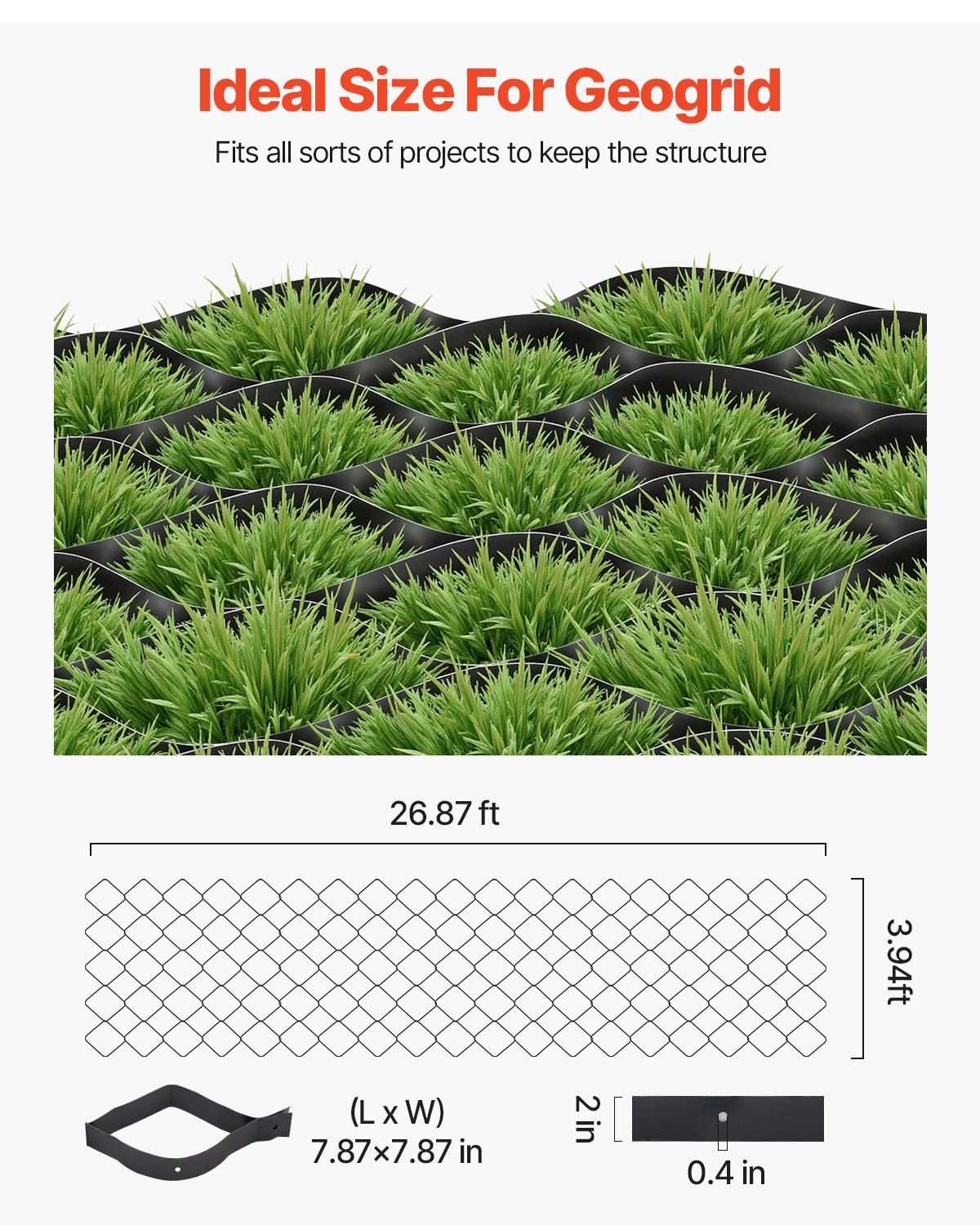 VEVOR Gravel Grid, 2 Inch Depth, 26.87 x 3.94 FT / 8200 x 1200 mm, 1880 LBS Per Sq ft Grass Ground Retainer, Permeable Geo Grids Driveway Stabilization, for Garden, Patio, Walkway, RV Parking Slopes - Renee Lane Company