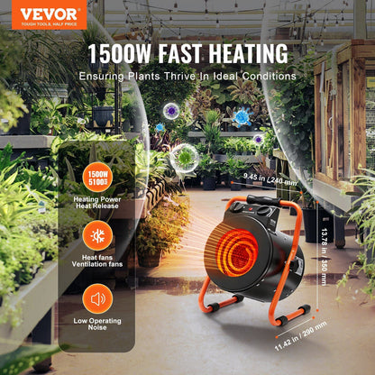 VEVOR Greenhouse Heater with Thermostat, 1500W Fast Heating with Overheat Protection, 2-Speed Setting Small Grow Tent Heater, Electric Portable Heater Fan for Green House, Flower Room, Workplace - Renee Lane Company