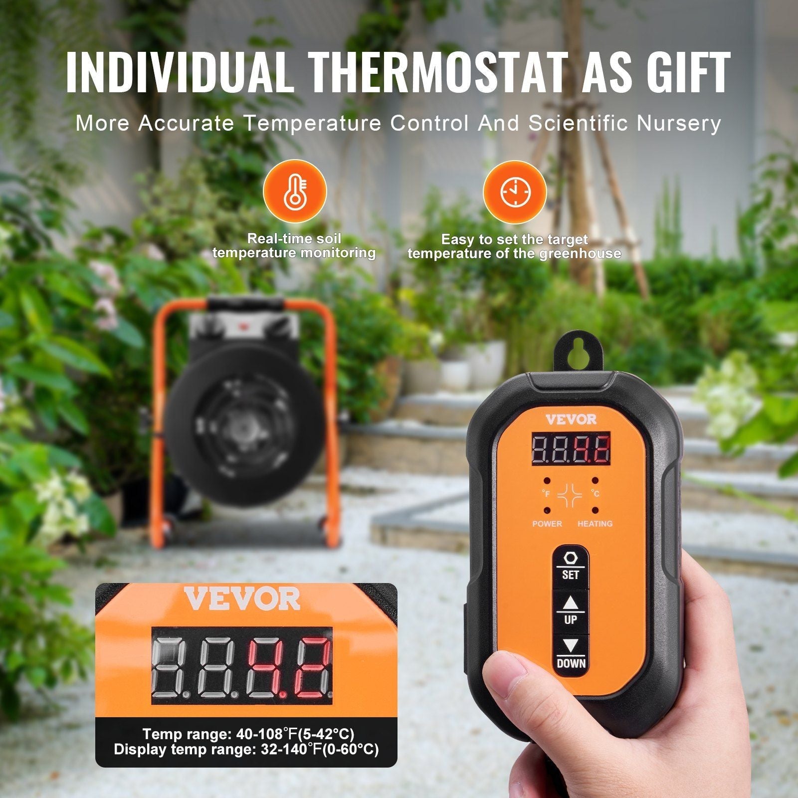 VEVOR Greenhouse Heater with Thermostat, 1500W Fast Heating with Overheat Protection, 2-Speed Setting Small Grow Tent Heater, Electric Portable Heater Fan for Green House, Flower Room, Workplace - Renee Lane Company