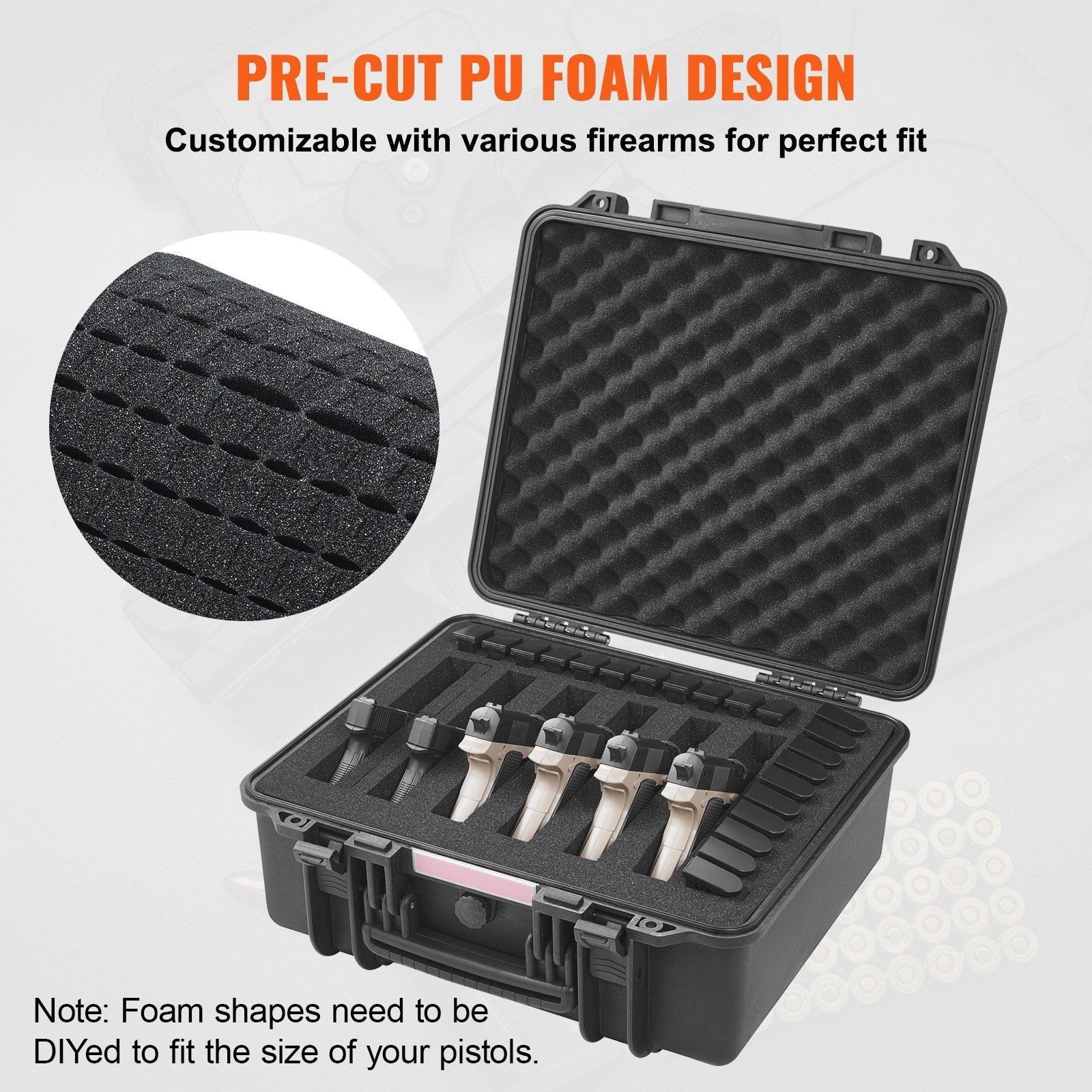 VEVOR Hard Pistol Cases with Pre-cut PU Foam, Waterproof & Dustproof Hard Gun Case for 6 Pistol, 19.3×17.1×8.3 in Lockable Pistol Case, Black - Renee Lane Company