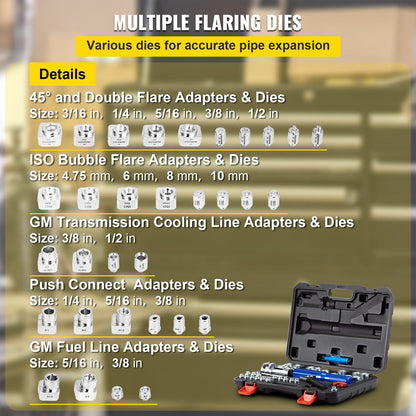 VEVOR Hydraulic Flaring Tool Kit, 45° Double Flaring Tool, Brake Repair Brake Flaring Tools for 3/16"-1/2", Brake Flare Tool with Tube Cutter and Deburrer, 32 PCS Tube Flaring Tools for Copper Lines - Renee Lane Company