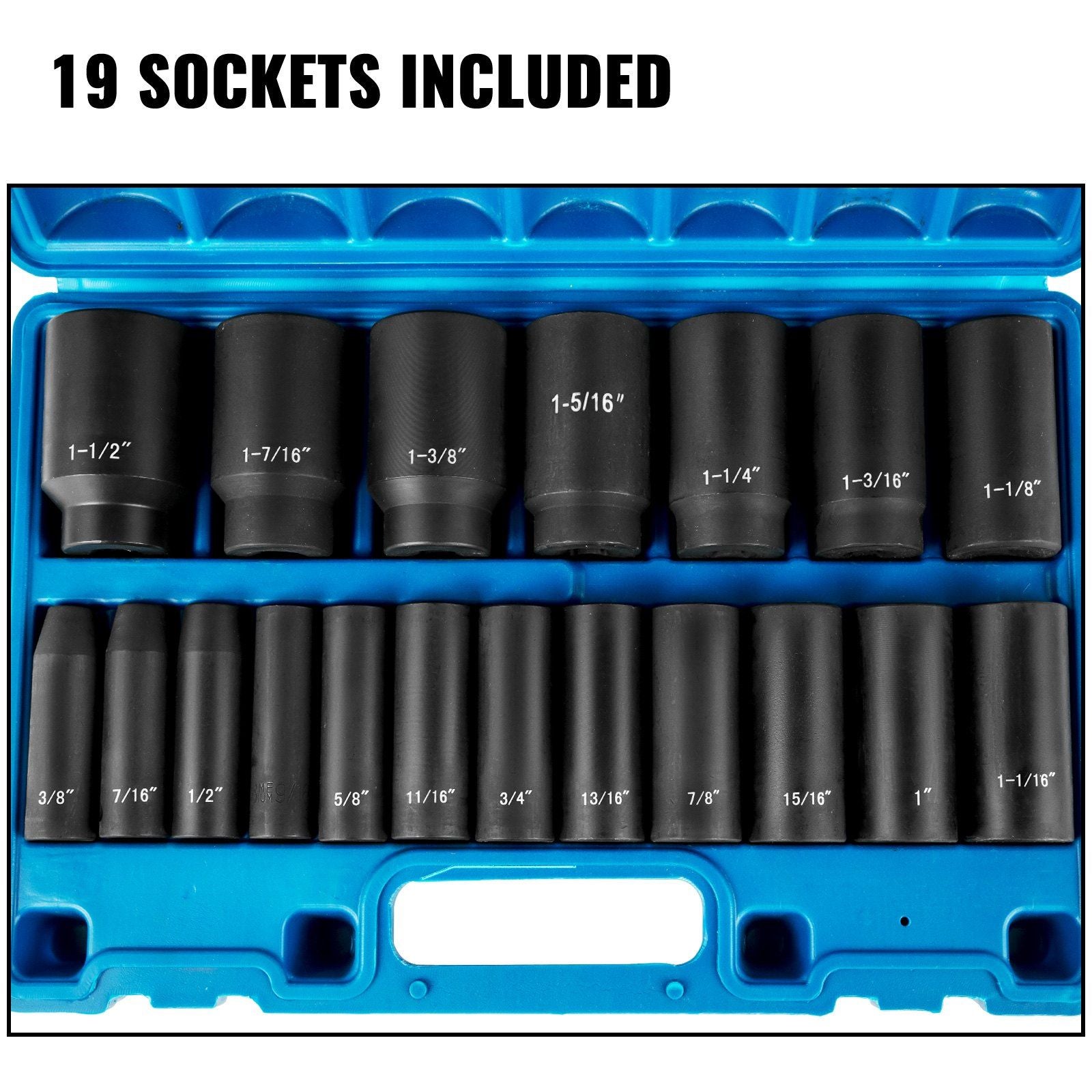 VEVOR Impact Socket Set 1/2 Inches 19 Piece Impact Sockets, Deep Socket, 6-Point Sockets, Rugged Construction, Cr-V, 1/2 Inches Drive Socket Set Impact 3/8 inch - 1-1/2 inch, with a Storage Cage - Renee Lane Company