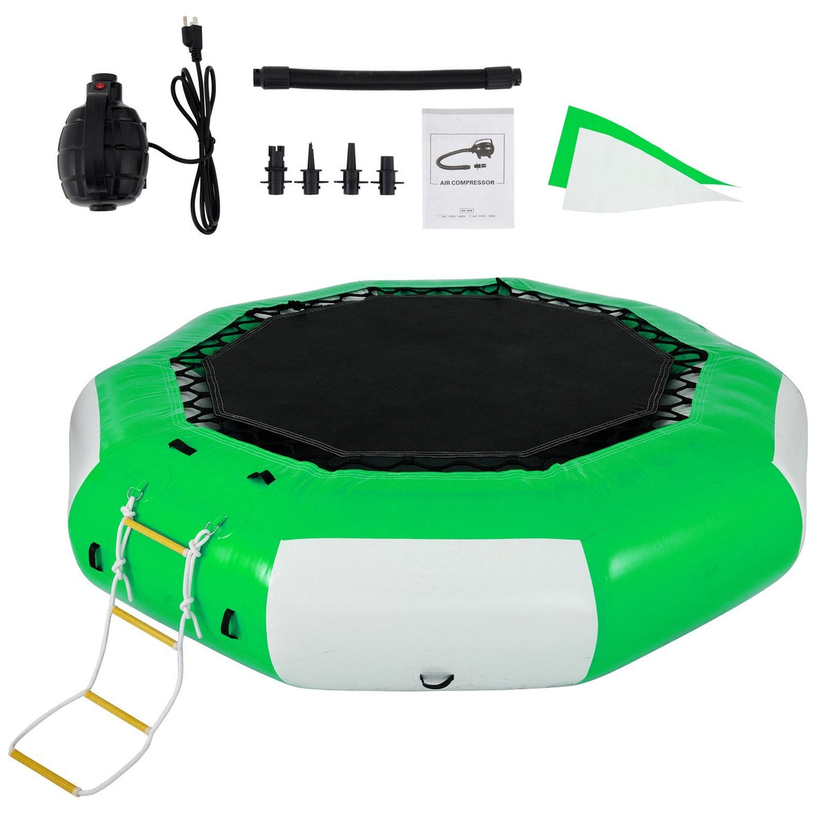 VEVOR Inflatable Water Trampoline 10FT , Round Inflatable Water Bouncer with 4-Step Ladder, Water Trampoline in Green and White for Water Sports. - Renee Lane Company