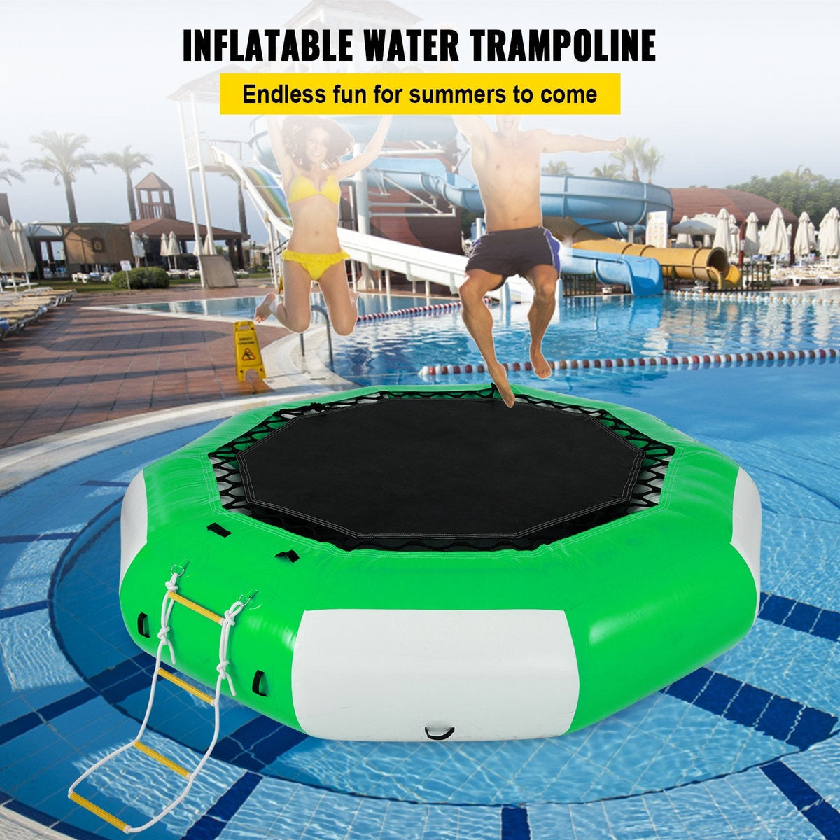 VEVOR Inflatable Water Trampoline 10FT , Round Inflatable Water Bouncer with 4-Step Ladder, Water Trampoline in Green and White for Water Sports. - Renee Lane Company