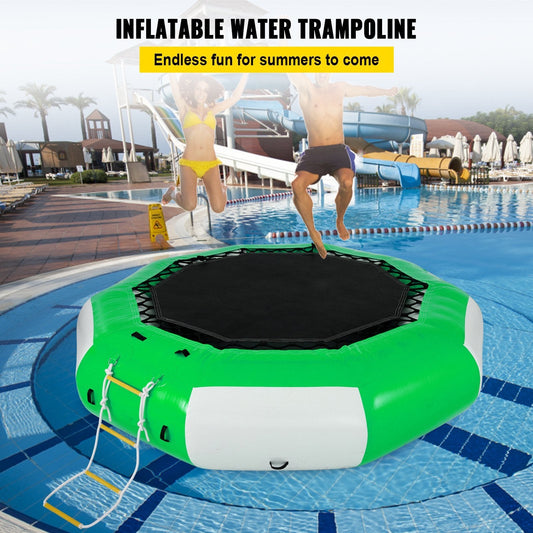 VEVOR Inflatable Water Trampoline 10FT , Round Inflatable Water Bouncer with 4-Step Ladder, Water Trampoline in Green and White for Water Sports. - Renee Lane Company