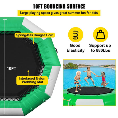 VEVOR Inflatable Water Trampoline 10FT , Round Inflatable Water Bouncer with 4-Step Ladder, Water Trampoline in Green and White for Water Sports. - Renee Lane Company