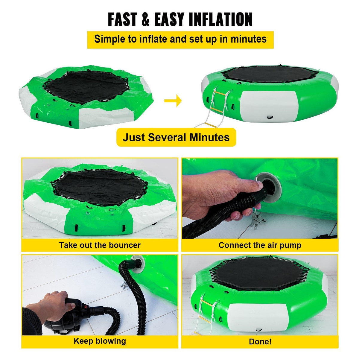 VEVOR Inflatable Water Trampoline 10FT , Round Inflatable Water Bouncer with 4-Step Ladder, Water Trampoline in Green and White for Water Sports. - Renee Lane Company