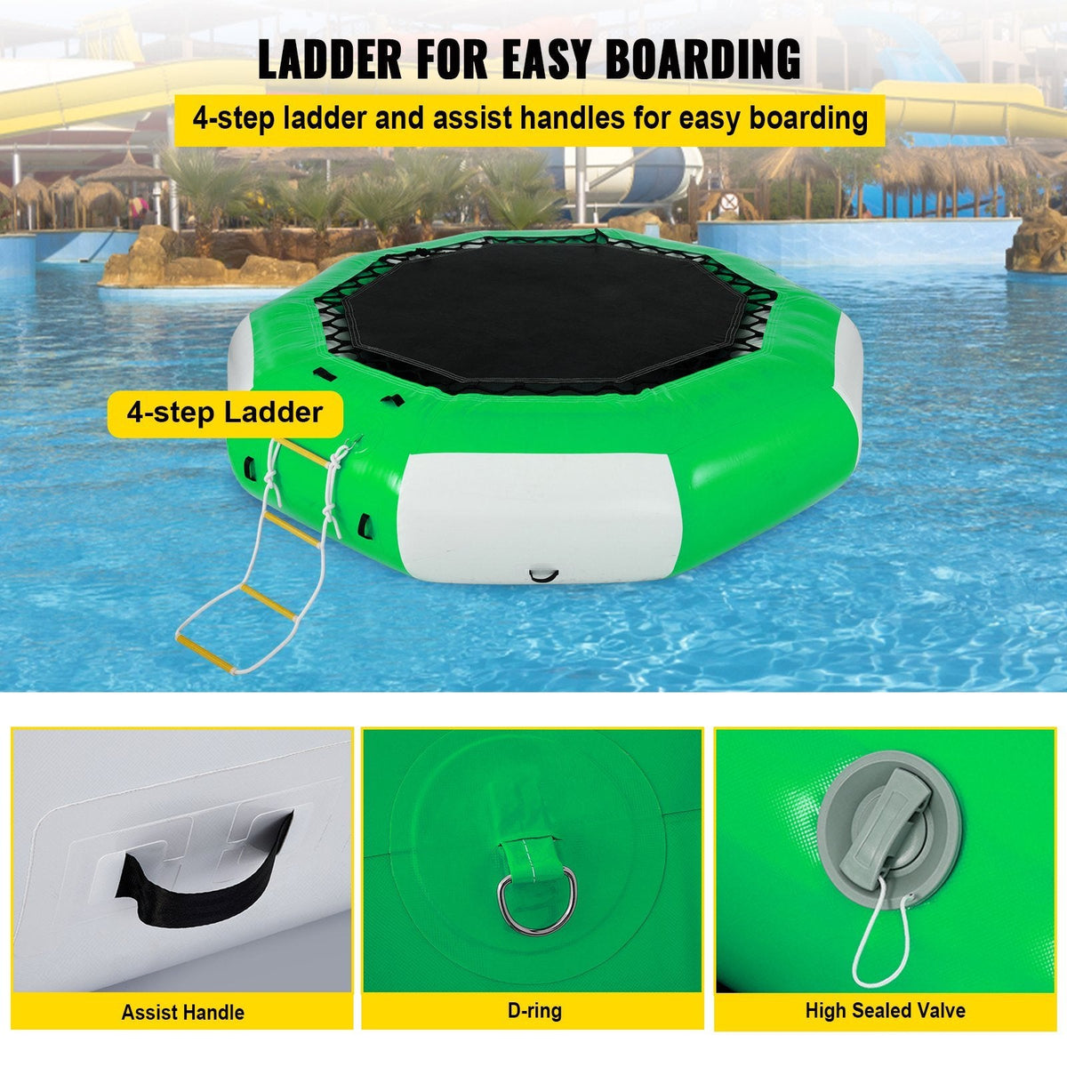 VEVOR Inflatable Water Trampoline 10FT , Round Inflatable Water Bouncer with 4-Step Ladder, Water Trampoline in Green and White for Water Sports. - Renee Lane Company