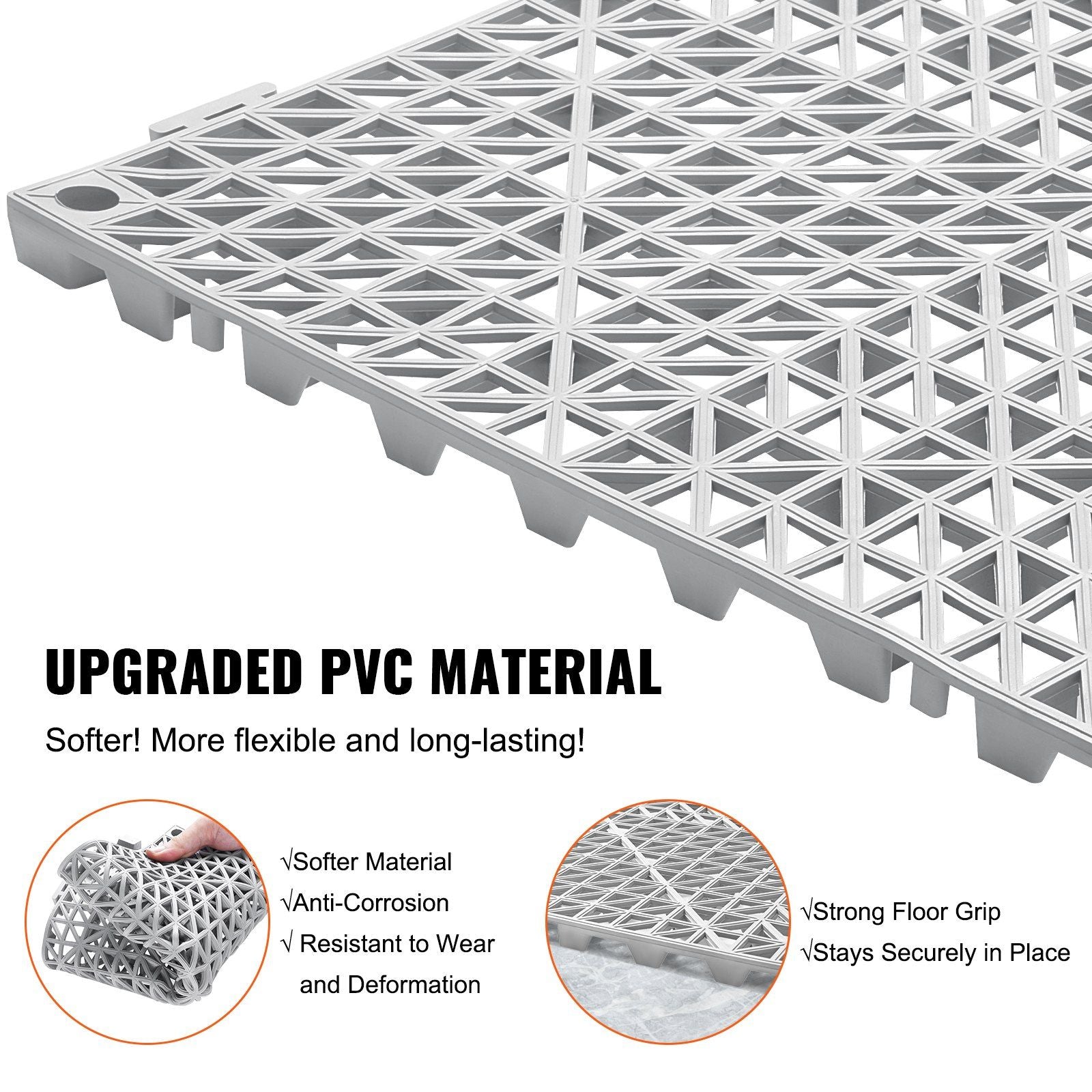 VEVOR Interlocking Tile 50PCS Gray, Drainage Tiles 12" x 12" Splicing, PVC Interlocking Drainage Floor Tiles, Non-Slip Drainage Holes for Restroom, Bathroom, Kitchen, Pool, Wet Areas - Renee Lane Company
