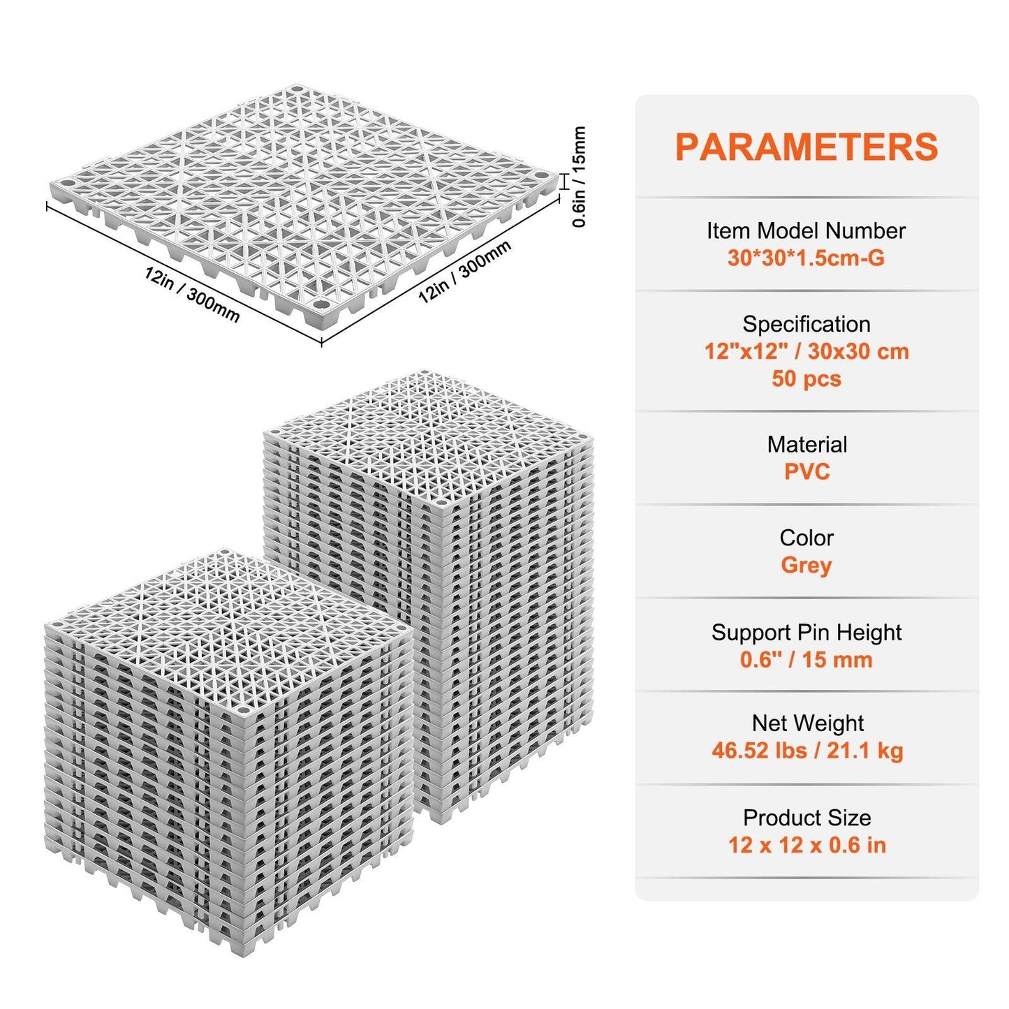 VEVOR Interlocking Tile 50PCS Gray, Drainage Tiles 12" x 12" Splicing, PVC Interlocking Drainage Floor Tiles, Non-Slip Drainage Holes for Restroom, Bathroom, Kitchen, Pool, Wet Areas - Renee Lane Company