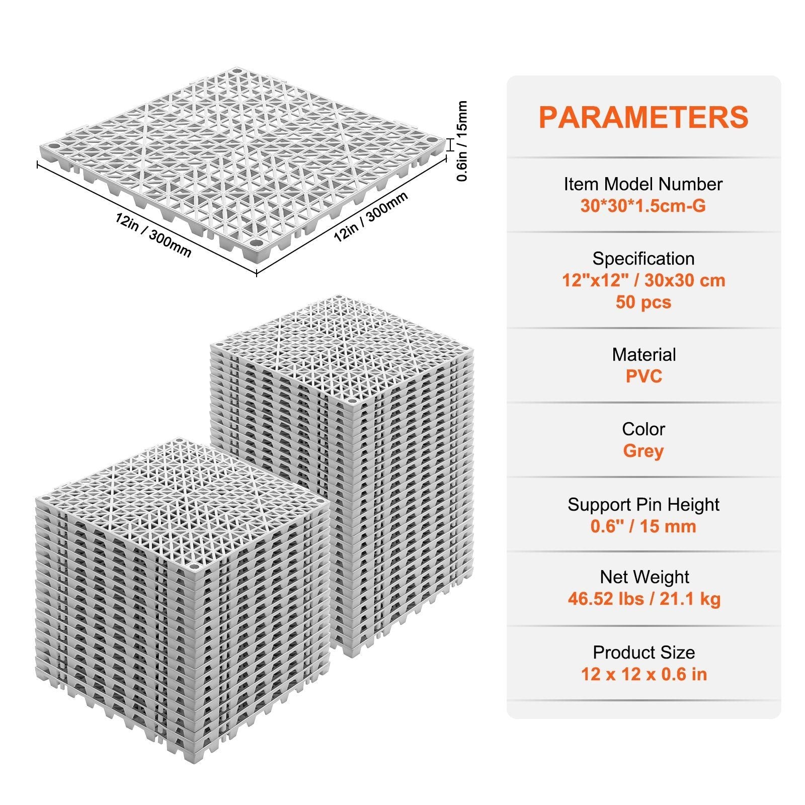 VEVOR Interlocking Tile 50PCS Gray, Drainage Tiles 12" x 12" Splicing, PVC Interlocking Drainage Floor Tiles, Non-Slip Drainage Holes for Restroom, Bathroom, Kitchen, Pool, Wet Areas - Renee Lane Company