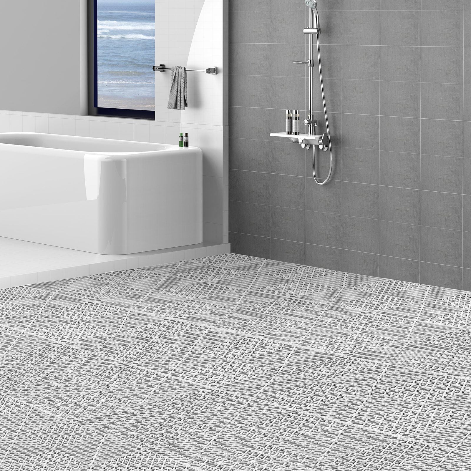 VEVOR Interlocking Tile 50PCS Gray, Drainage Tiles 12" x 12" Splicing, PVC Interlocking Drainage Floor Tiles, Non-Slip Drainage Holes for Restroom, Bathroom, Kitchen, Pool, Wet Areas - Renee Lane Company
