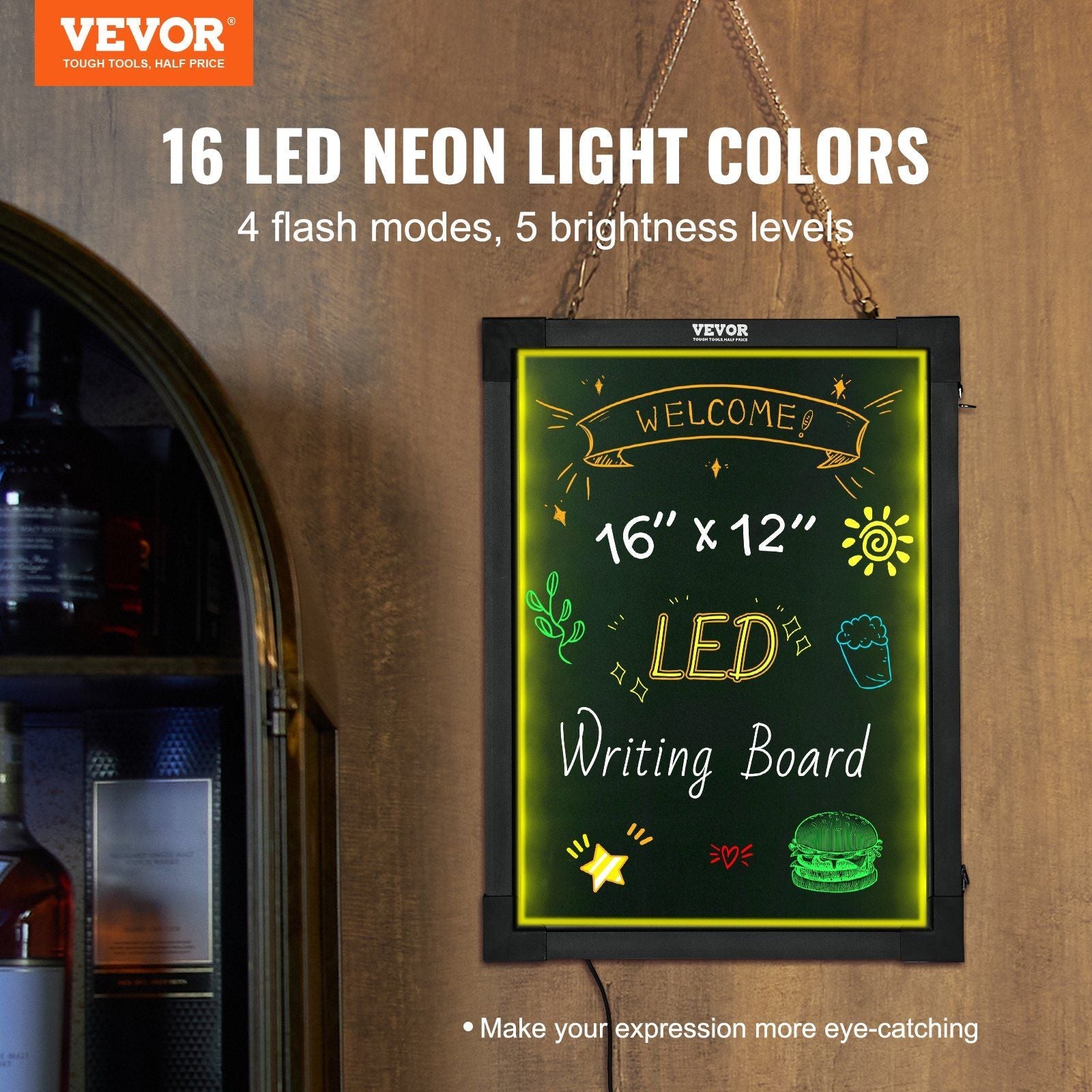 VEVOR LED Message Writing Board, 16"x12" Illuminated Erasable Lighted Chalkboard, Neon Effect Menu Sign Board, Drawing Board with 8 Fluorescent Chalk Markers and Remote Control, for Home Wedding Shop - Renee Lane Company