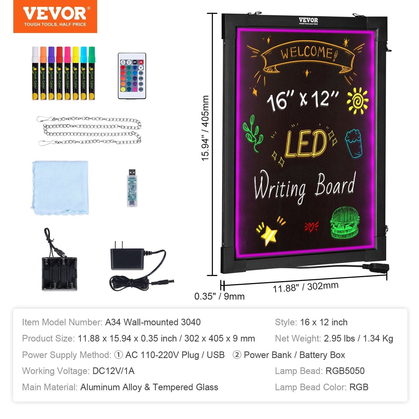 VEVOR LED Message Writing Board, 16"x12" Illuminated Erasable Lighted Chalkboard, Neon Effect Menu Sign Board, Drawing Board with 8 Fluorescent Chalk Markers and Remote Control, for Home Wedding Shop - Renee Lane Company