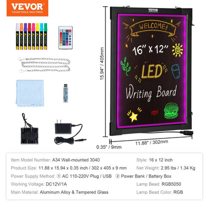 VEVOR LED Message Writing Board, 16"x12" Illuminated Erasable Lighted Chalkboard, Neon Effect Menu Sign Board, Drawing Board with 8 Fluorescent Chalk Markers and Remote Control, for Home Wedding Shop - Renee Lane Company