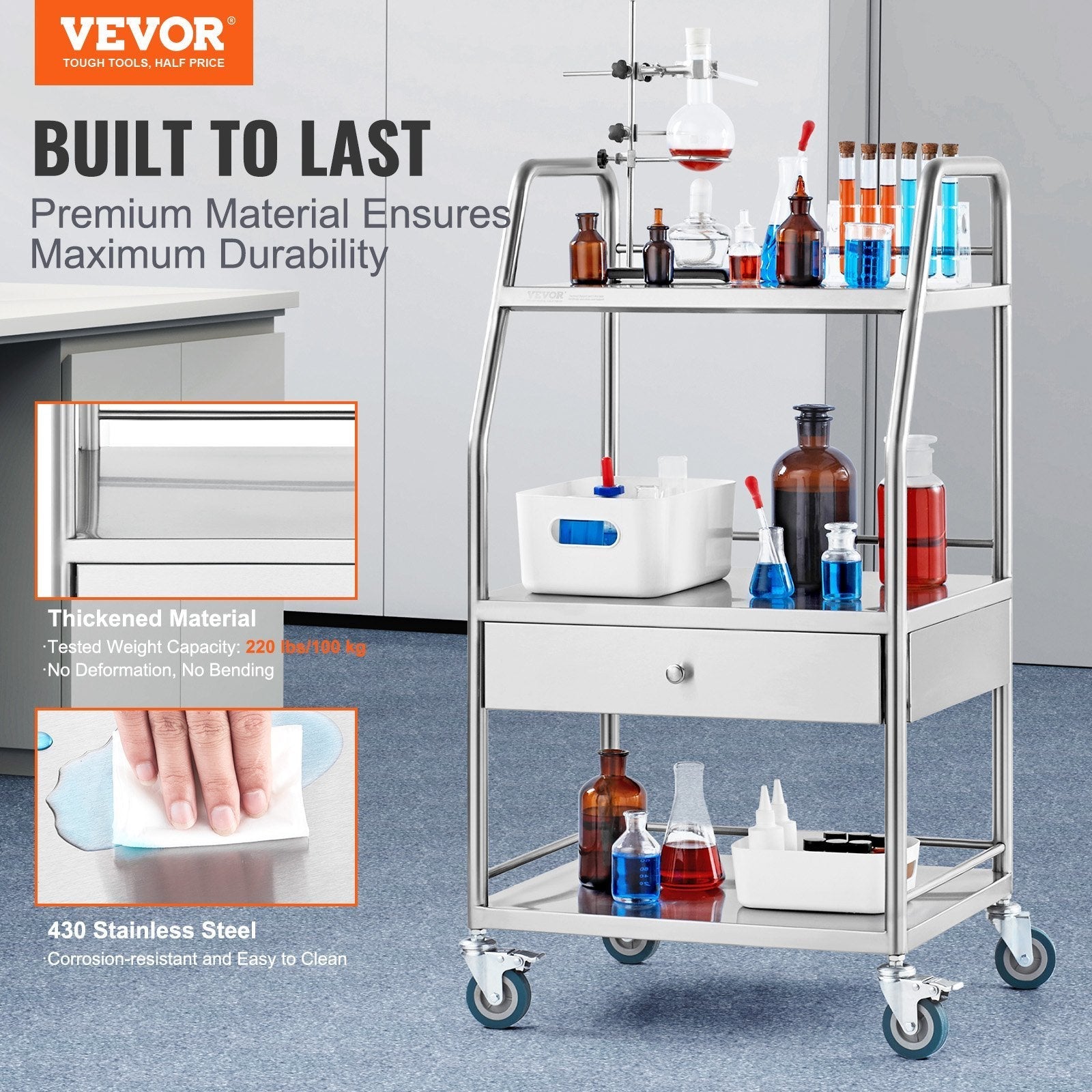 VEVOR Lab Serving Cart, 3 Layers Stainless Steel Utility Rolling Cart, Medical Cart with A Drawer, Dental Utility Cart with Lockable Wheels, for Laboratory, Hospital, Dental Use - Renee Lane Company