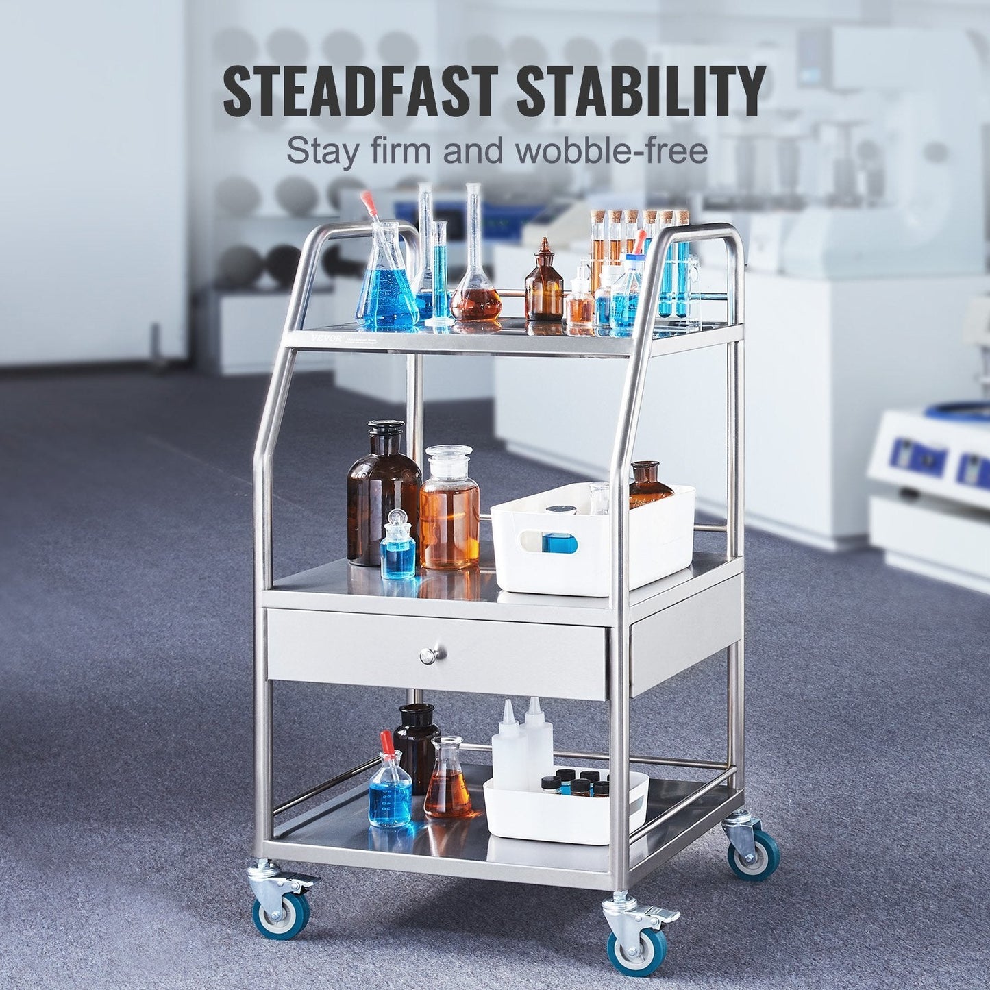 VEVOR Lab Serving Cart, 3 Layers Stainless Steel Utility Rolling Cart, Medical Cart with A Drawer, Dental Utility Cart with Lockable Wheels, for Laboratory, Hospital, Dental Use - Renee Lane Company