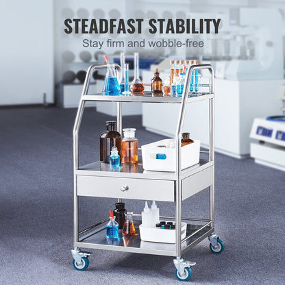 VEVOR Lab Serving Cart, 3 Layers Stainless Steel Utility Rolling Cart, Medical Cart with A Drawer, Dental Utility Cart with Lockable Wheels, for Laboratory, Hospital, Dental Use - Renee Lane Company
