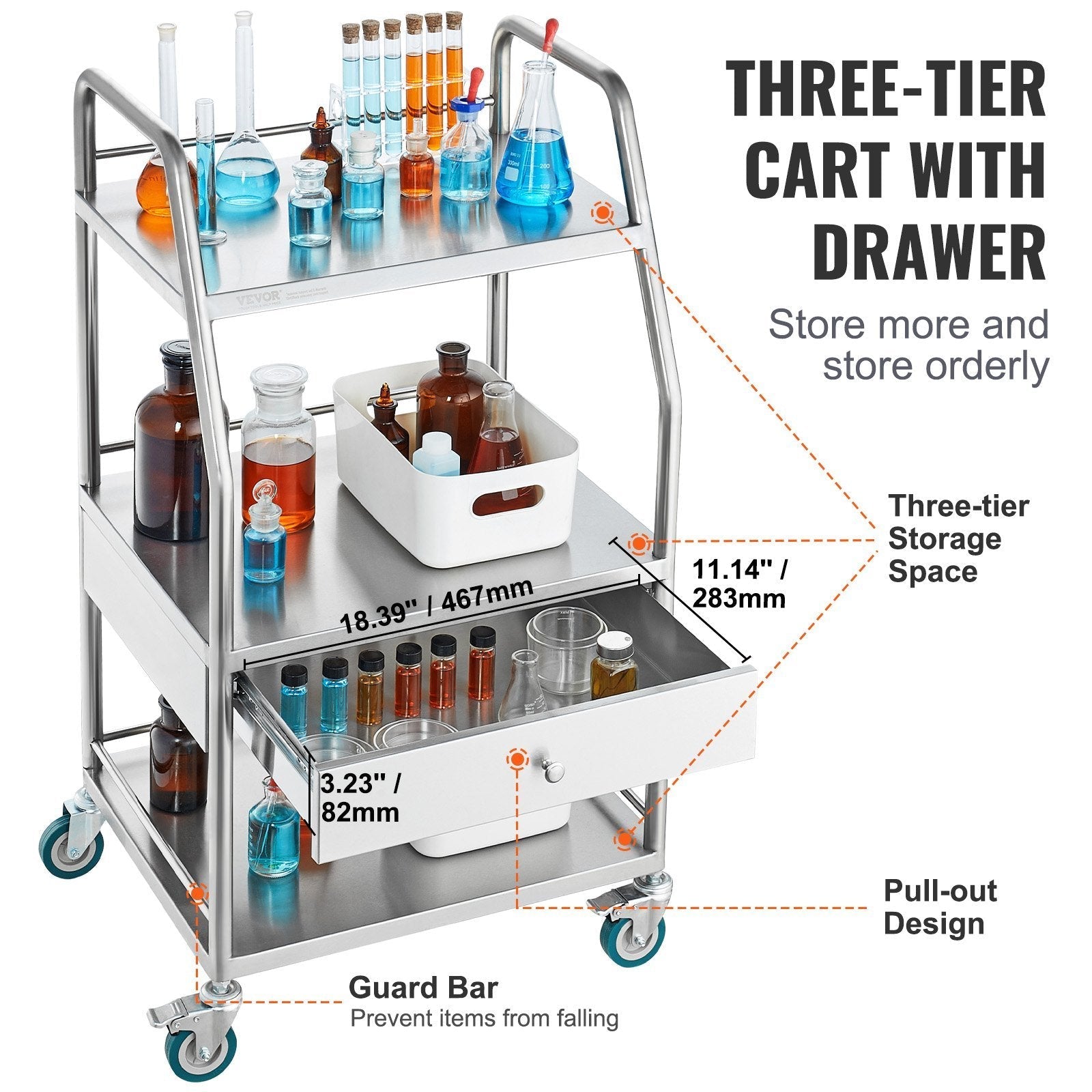 VEVOR Lab Serving Cart, 3 Layers Stainless Steel Utility Rolling Cart, Medical Cart with A Drawer, Dental Utility Cart with Lockable Wheels, for Laboratory, Hospital, Dental Use - Renee Lane Company