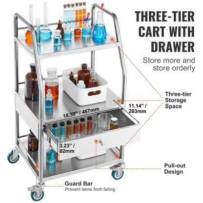 VEVOR Lab Serving Cart, 3 Layers Stainless Steel Utility Rolling Cart, Medical Cart with A Drawer, Dental Utility Cart with Lockable Wheels, for Laboratory, Hospital, Dental Use - Renee Lane Company