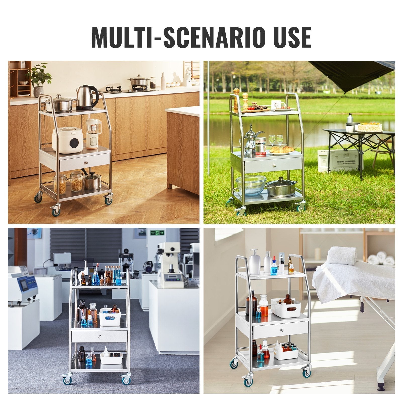 VEVOR Lab Serving Cart, 3 Layers Stainless Steel Utility Rolling Cart, Medical Cart with A Drawer, Dental Utility Cart with Lockable Wheels, for Laboratory, Hospital, Dental Use - Renee Lane Company