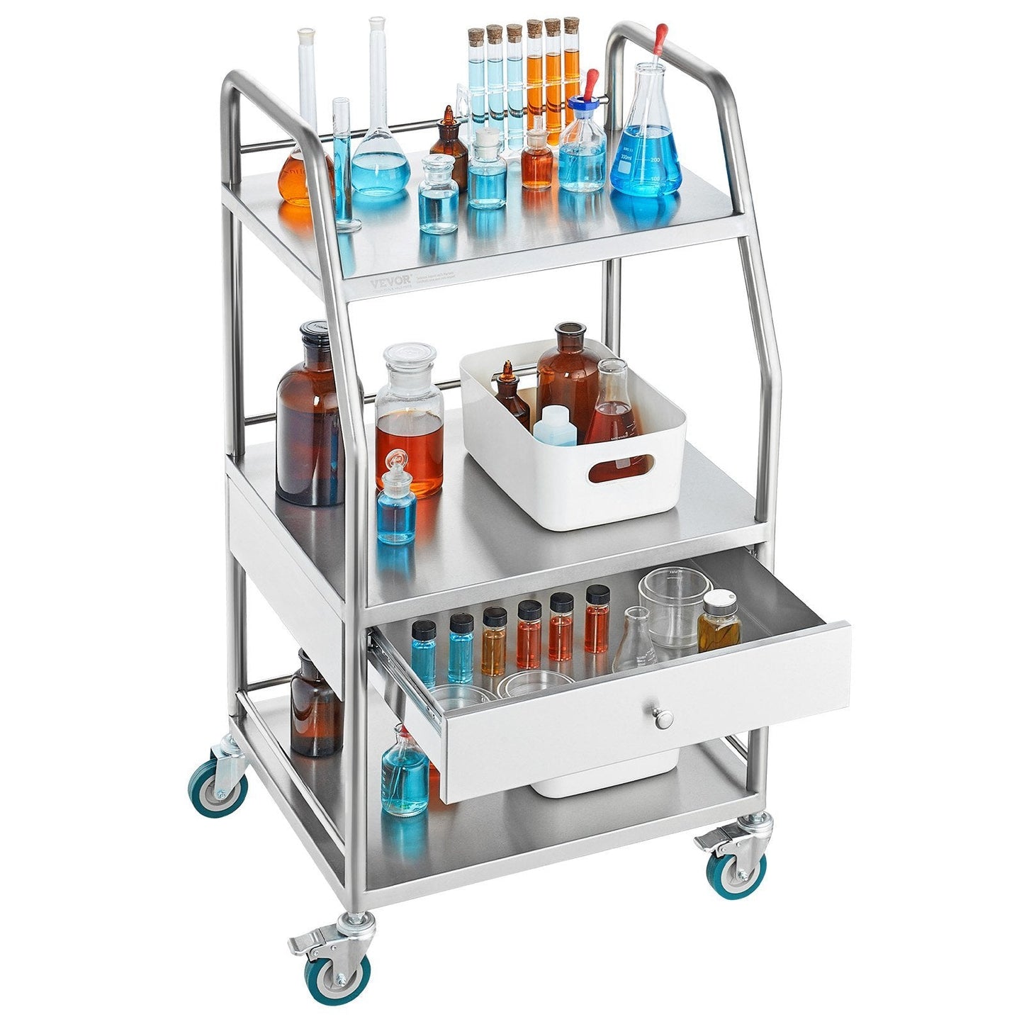 VEVOR Lab Serving Cart, 3 Layers Stainless Steel Utility Rolling Cart, Medical Cart with A Drawer, Dental Utility Cart with Lockable Wheels, for Laboratory, Hospital, Dental Use - Renee Lane Company