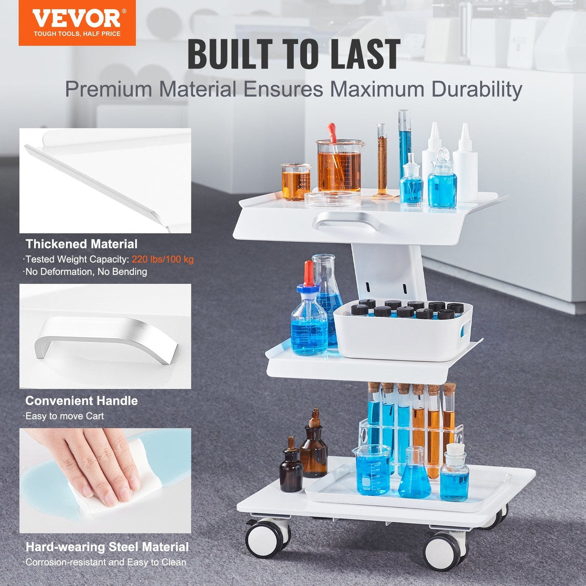 VEVOR Lab Trolley, 3-Layer Rolling Lab Cart, Metal Mobile Trolley with Swivel Wheels, Tray Rolling Clinic Cart 220 lbs Weight Capacity, for Lab, Clinic, Beauty and Salon - Renee Lane Company