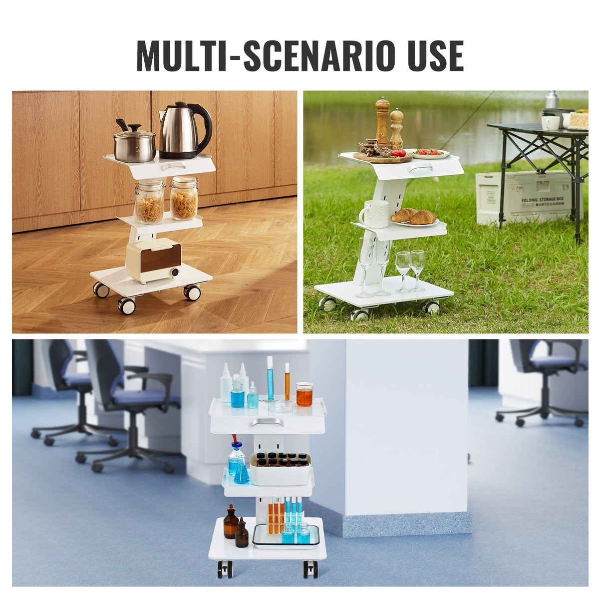 VEVOR Lab Trolley, 3-Layer Rolling Lab Cart, Metal Mobile Trolley with Swivel Wheels, Tray Rolling Clinic Cart 220 lbs Weight Capacity, for Lab, Clinic, Beauty and Salon - Renee Lane Company