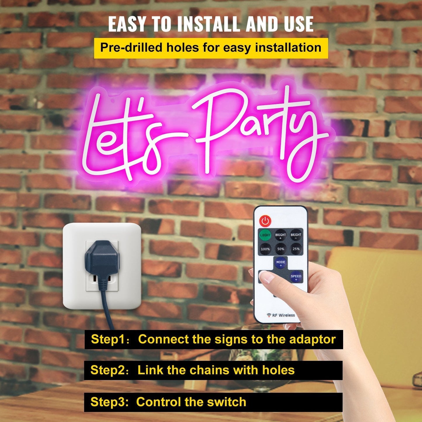 VEVOR Let's Party Neon Sign, 23"X10" Neon Sign for Wall Decor, Adjustable Brightness Pink Neon Light Sign with Remote Control and Power Adapter, for Party/Wedding Celebration/Home Decoration - Renee Lane Company