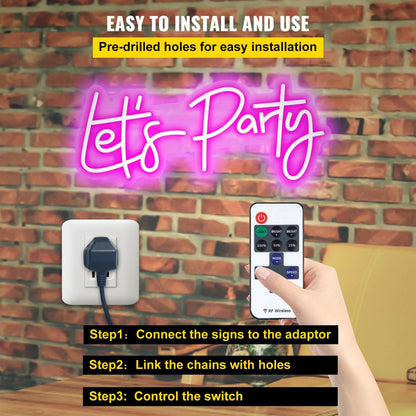VEVOR Let's Party Neon Sign, 23"X10" Neon Sign for Wall Decor, Adjustable Brightness Pink Neon Light Sign with Remote Control and Power Adapter, for Party/Wedding Celebration/Home Decoration - Renee Lane Company