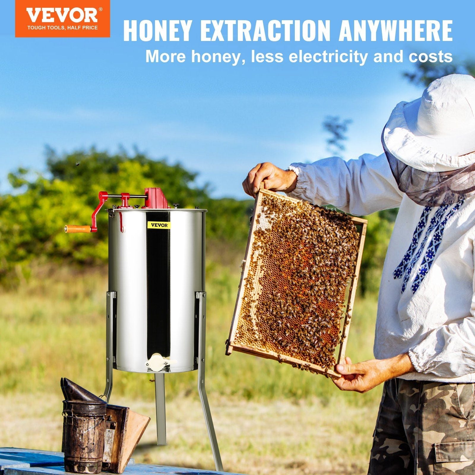 VEVOR Manual Honey Extractor, 3 Frames Honey Spinner Extractor, Stainless Steel Beekeeping Extraction, Honeycomb Drum Spinner with Lid, Apiary Centrifuge Equipment with Height Adjustable Stand - Renee Lane Company
