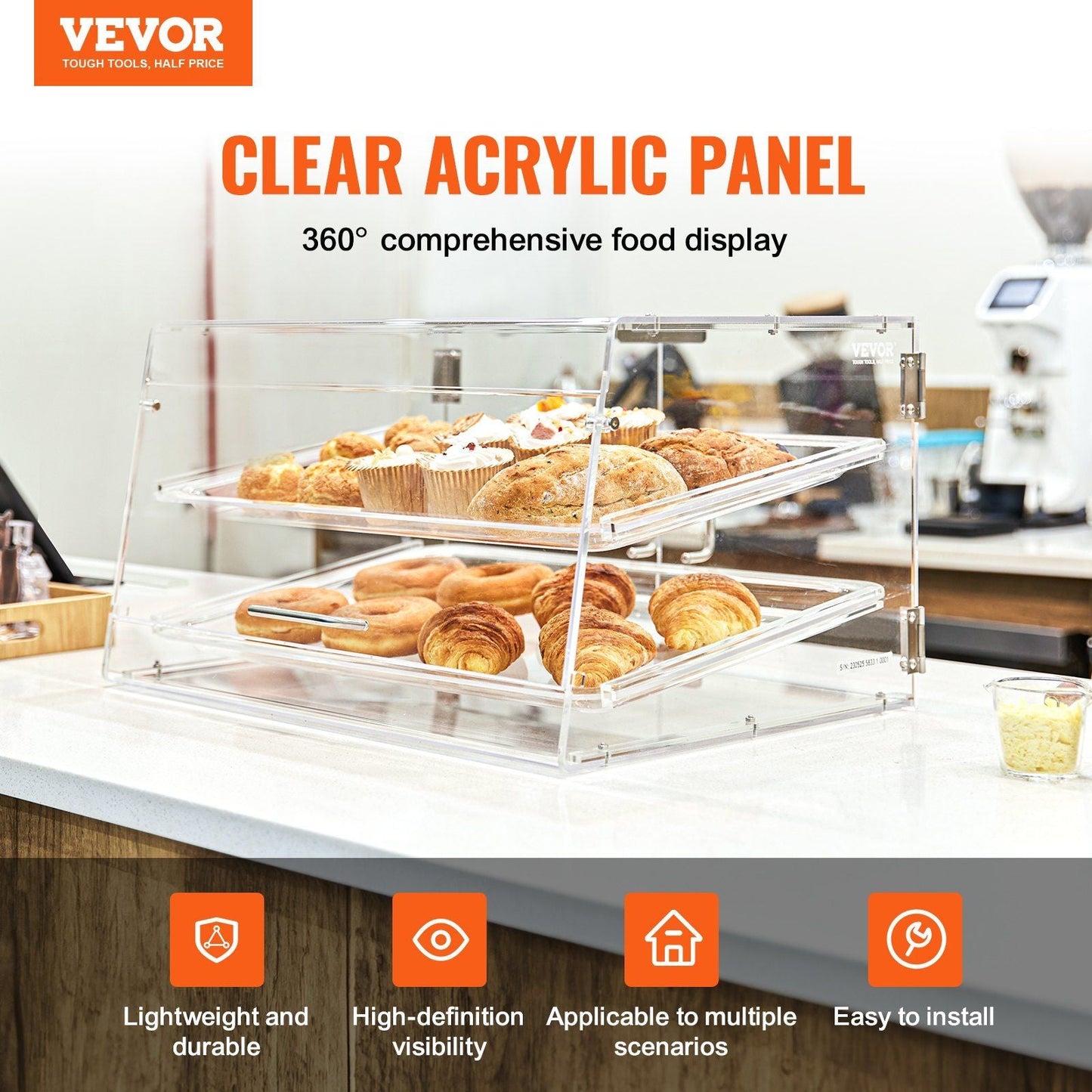 VEVOR Pastry Display Case, 2-Tier Commercial Countertop Bakery Display Case, Acrylic Display Box with Rear Door Access & Removable Shelves, Keep Fresh for Donut Bagels Cake Cookie, 20.7"x13.2"x11.9" - Renee Lane Company