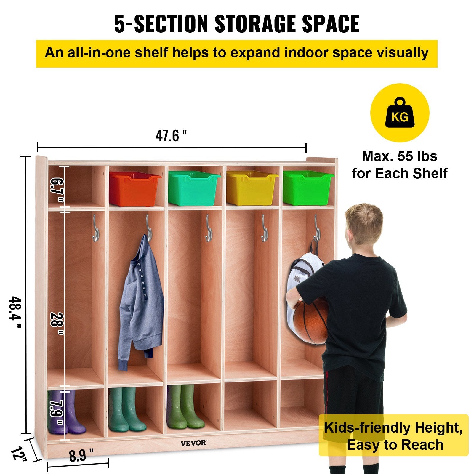 VEVOR Preschool Cubby Lockers 5-Section Plywood Birch Coat Locker 15MM Thickness Kids Locker for Home 48.4 Inch High Durable Classroom Lockers for Toddlers and Kids Commercial or Personal Use - Renee Lane Company